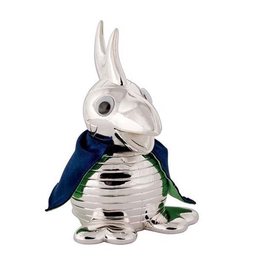 Andrea sparebøsse fra Nordahl Andersen i forkromet stål med blå og grøn rejsekappe – NOA Kids.