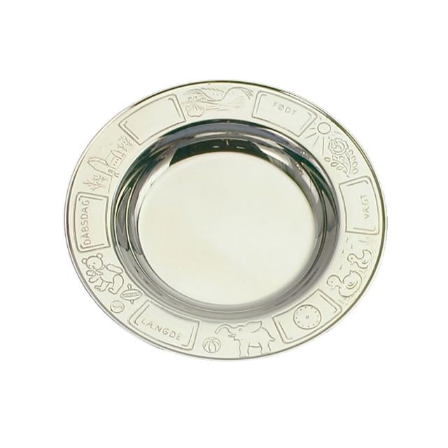 NOA Kids tallerken i rustfrit stål med dekorative dåbsmotiver fra Nordahl Andersen.