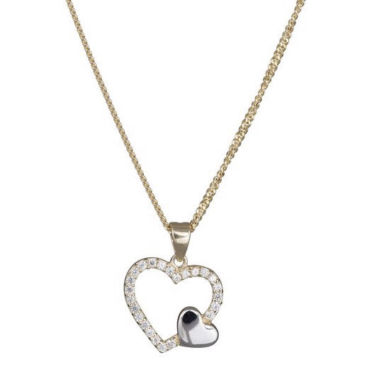 Siersbøl hjertevedhæng i 8 kt guld med zirkonia og forgyldt sølvkæde 42+3 cm