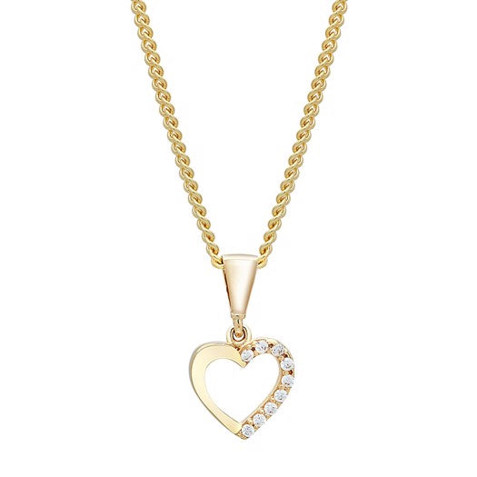 Siersbøl hjertevedhæng i 8 kt guld med hvide zirkonia og forgyldt sølvkæde 42–45 cm.