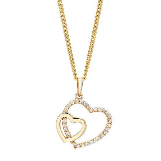 Siersbøl forgyldt sølvvedhæng med to hjerter og klare zirkonia i justerbar kæde 42–45 cm.