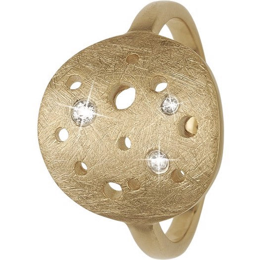The Moon ring i forgyldt sølv fra Christina Jewelry & Watches med tre klare kubiske zirkonia og hulmønster.