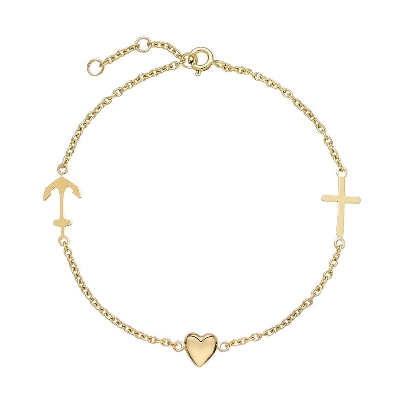 Lund Copenhagen Tro, Håb og Kærlighed armbånd i 8 karat guld med anker, kors og hjerte symboler, justerbar 17–19 cm.