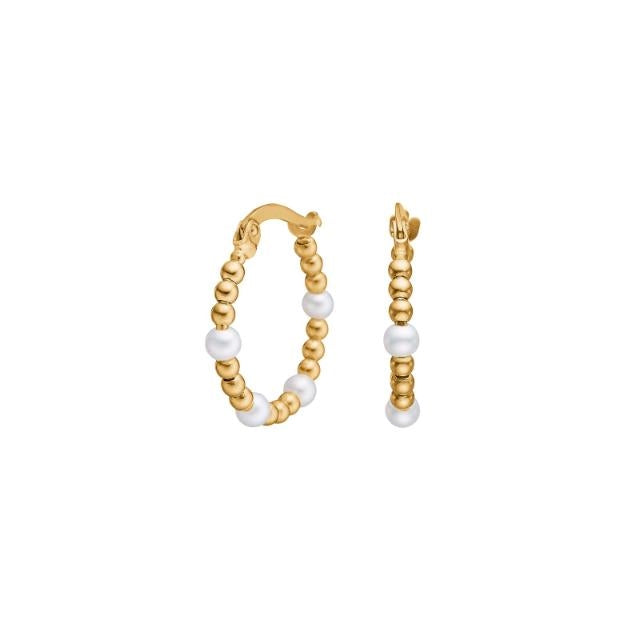 Siersbøl øreringe i 8 kt guld med ferskvandsperler, 18 mm hoop-design.