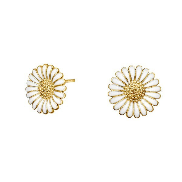 Siersbøl marguerit ørestikker i forgyldt sølv med hvid emalje 10 mm