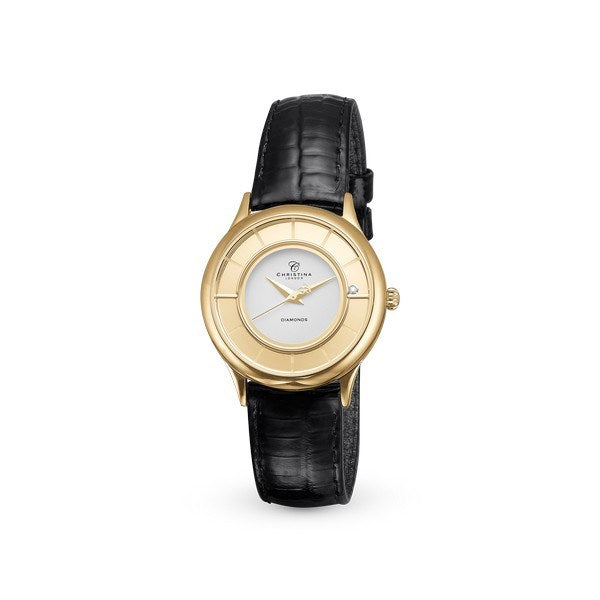 Christina Collect gulddublé ur fra Christina Jewelry & Watches med hvid urskive, lille diamant og sort laklæderrem med slangepræg.