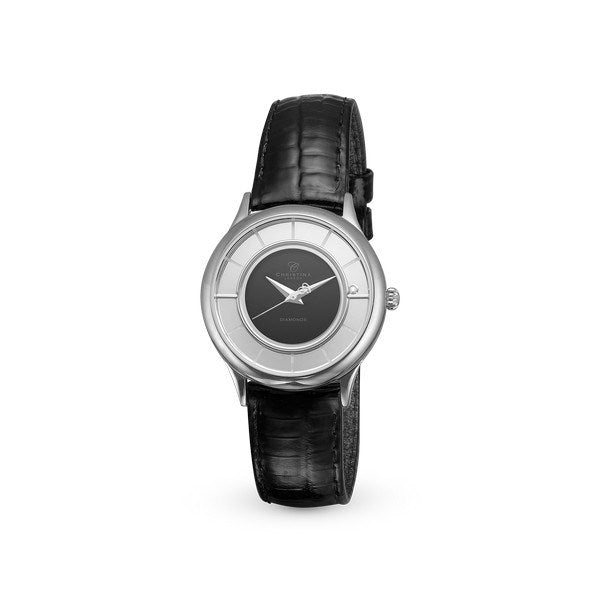 Christina Collect stålur fra Christina Jewelry & Watches med sort urskive, to faste stoppere og laklæderrem med slangepræg.