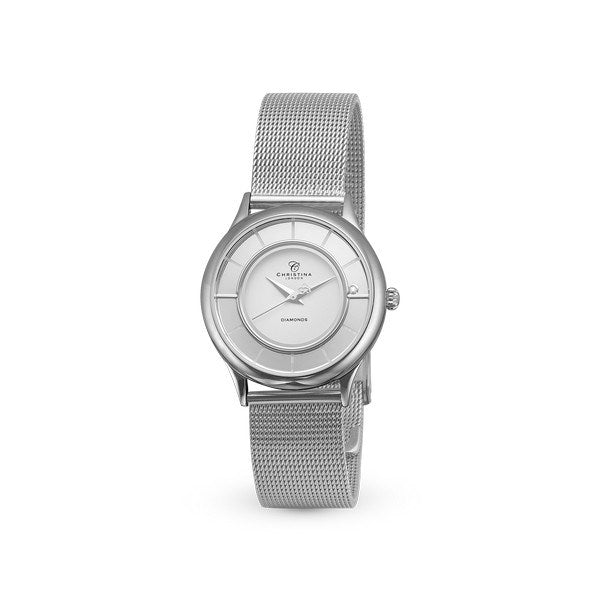 Christina stålur fra Christina Jewelry & Watches med hvid urskive, diamant og mesh lænke i rustfrit stål.