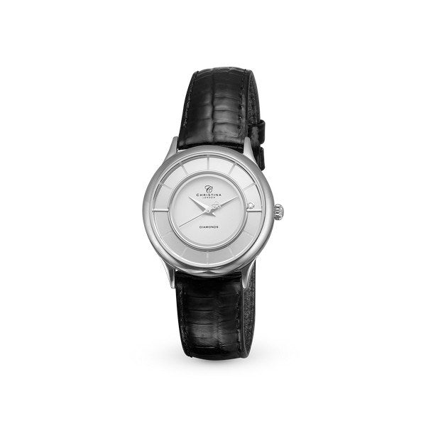 Christina Collect stålur fra Christina Jewelry & Watches med hvid urskive, diamant og sort laklæderrem med slangepræg.