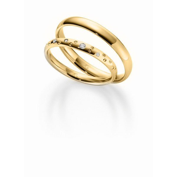 Gerstner vielsesringe i 14 eller 9 karat guld med 5 diamanter (0,03 ct) – blanke guldringe, damering med diamanter og herrering i klassisk design.