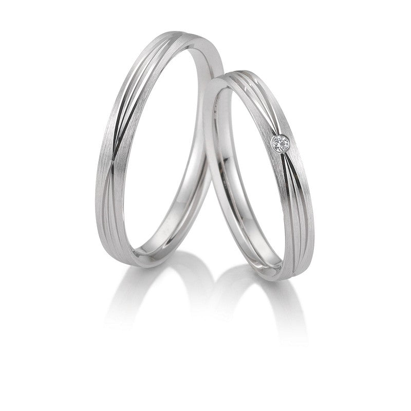 Eksklusive Breuning vielsesringe i 9 eller 14 karat hvidguld med 0,02 ct diamant og mønster