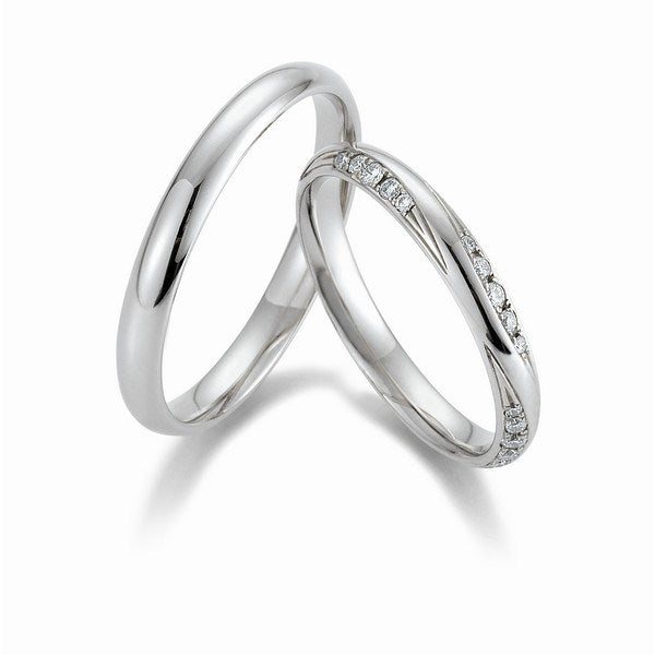 Gerstner tidløse vielsesringe i 14 karat hvidguld med 30 diamanter (0,27 ct) – blanke ringe, 3 mm bredde, damering med diamantbånd.