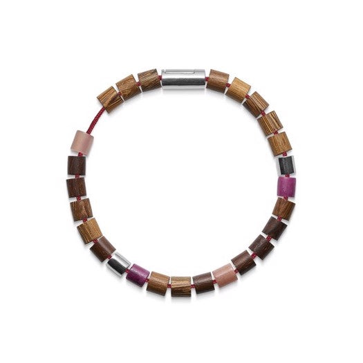 Black Sun BIG WAVE BAY armbånd fra Mads Z i rød nylon med sølv, månesten og driftwoodperler samt sølvlås.