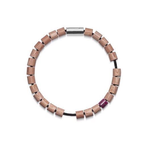 Black Sun Cape Hatteras armbånd fra Mads Z i sort nylon med rubin- og driftwood-perler samt sølvlås.