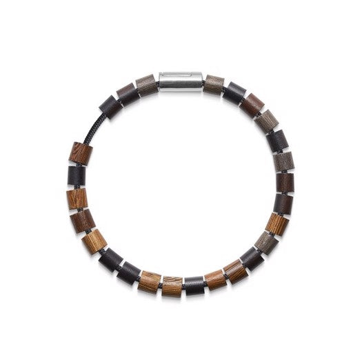 SPECIAL K, SAMOA armbånd fra Mads Z i sort nylon med perler i sort, grå og brun driftwood samt sølvlås, 16,5–21 cm.