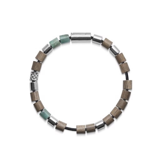 Mads Z armbånd i sort nylon med smaragd, sølvperler og grå driftwood 16,5–21 cm