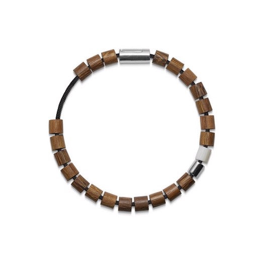 Maverick California armbånd fra Mads Z i sort nylon med hvid koral, sølv og brun driftwood – 16,5–21 cm.