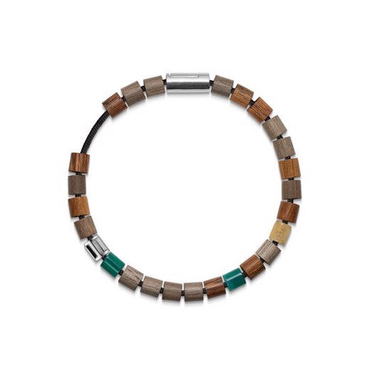 Klitmøller armbånd fra Mads Z i sort nylon med sølvlås, sølv- og træperler, grøn agat og gul jade