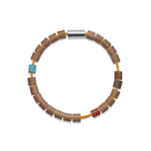 PASTA POINT armbånd fra Mads Z i gul nylon med turkis, rød koral og driftwood perler, 16,5–21 cm