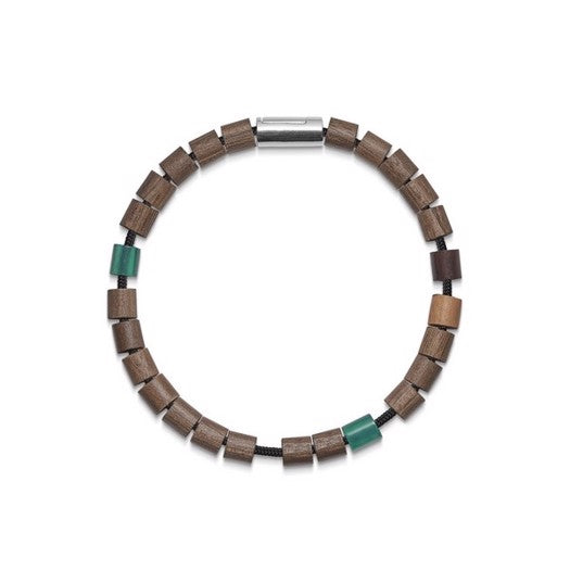 Black Sun armbånd fra Mads Z i sort nylon med grønne, grå og sorte perler samt sølvlås