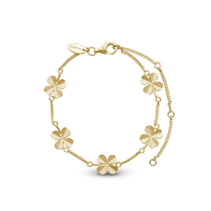 Four Leaf Clover armbånd i forgyldt sølv fra Christina Jewelry & Watches med fem vedhæng formet som firekløverblade.