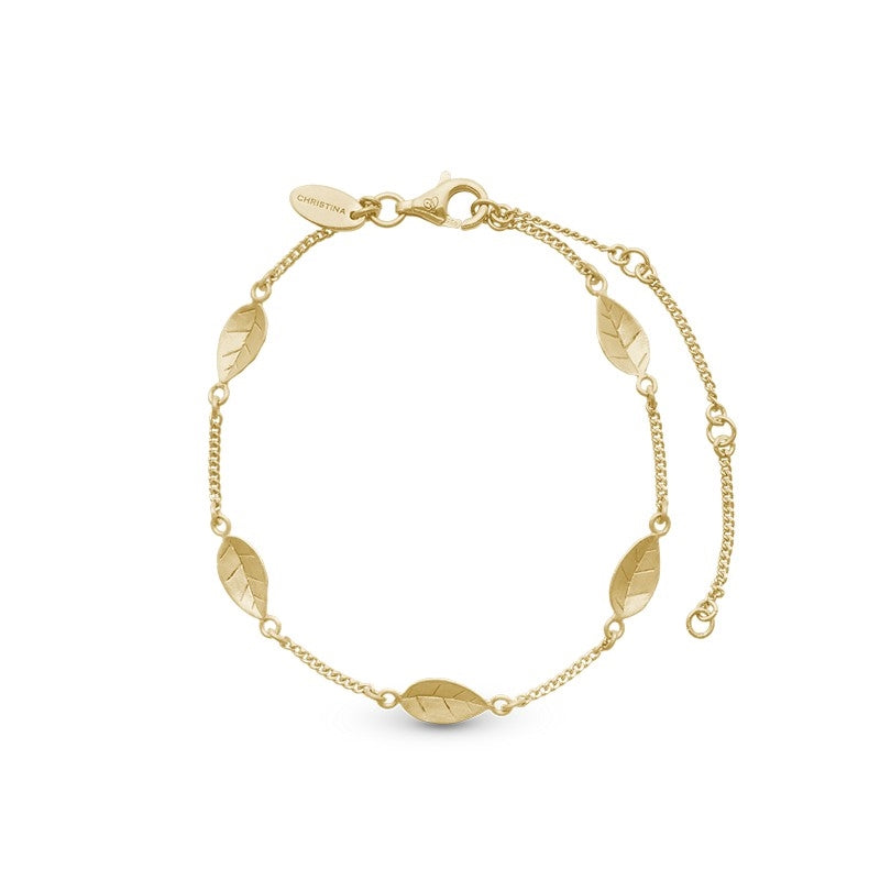 Leafs armbånd i 18 karat forgyldt sterlingsølv med fem bladvedhæng fra Christina Jewelry & Watches.