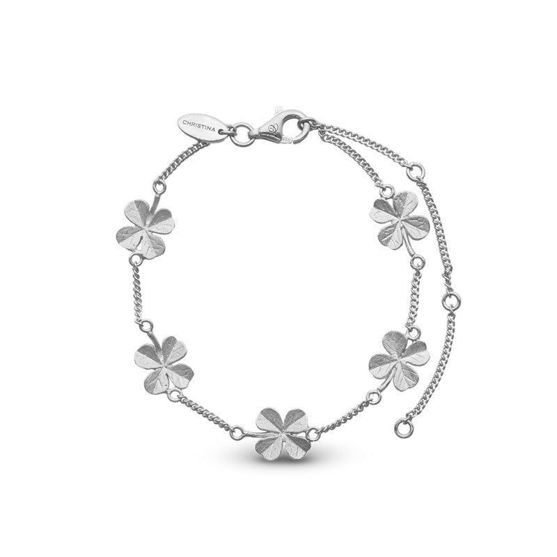 Four Leaf Clover armbånd i sterlingsølv med fem firekløvervedhæng fra Christina Jewelry & Watches.