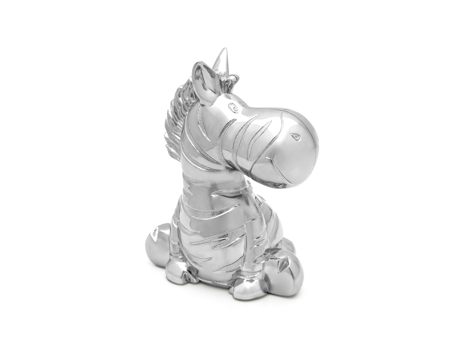 Zilverstad zebra sparebøsse i blank sølvfarvet metal med hvide bronze detaljer.