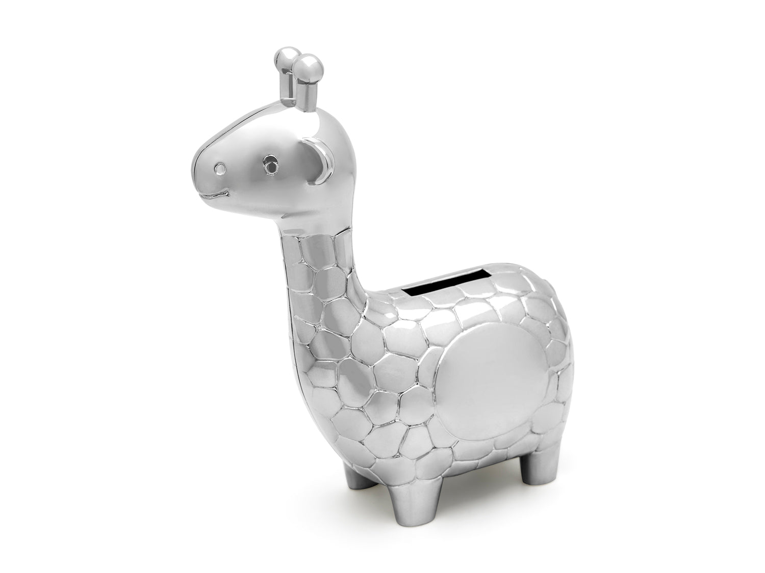 Zilverstad giraf sparebøsse i sølvfarvet metal med indgraveret giraffemønster.
