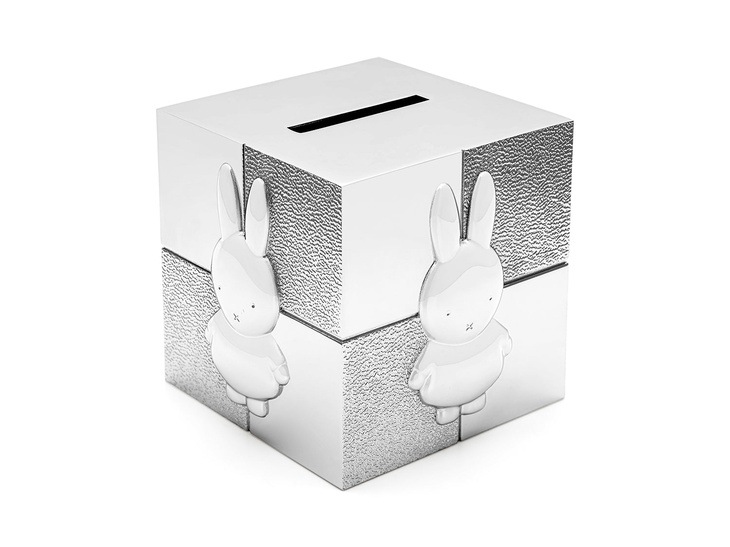 Zilverstad Cube Miffy sparebøsse i sølvfarvet metal med præget Miffy-figur og kubeform 75x75x72 mm.