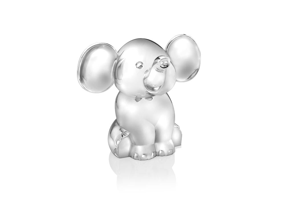 Zilverstad siddende elefant sparebøsse i metal med blank, sølvfarvet hvid bronzebehandling.