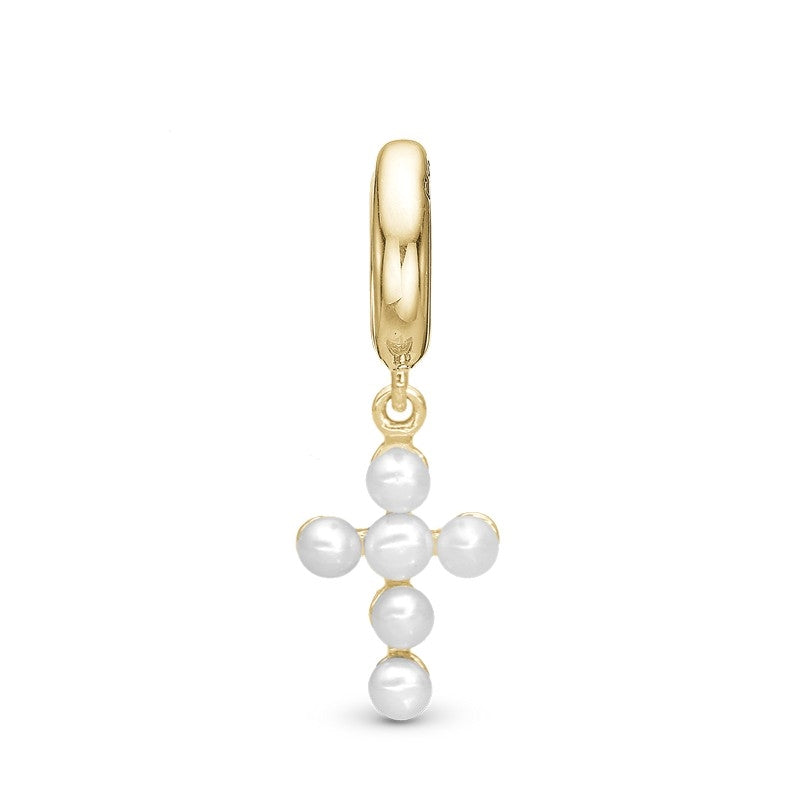 Pearl Cross charm i forgyldt sterlingsølv med seks hvide perler fra Christina Jewelry & Watches til læderarmbånd.