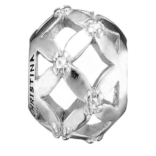 POWER OF A FLOWER sølvcharm med 10 zirkonia og udskåret blomstermønster fra Christina Jewelry & Watches.