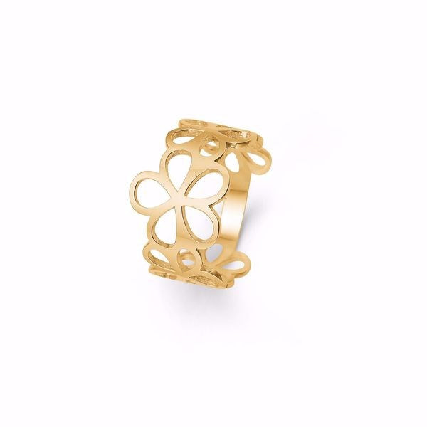 Blomsterrig ring i 14 karat guld fra Guld & Sølv Design med udskårede blomster i et harmonisk mønster.
