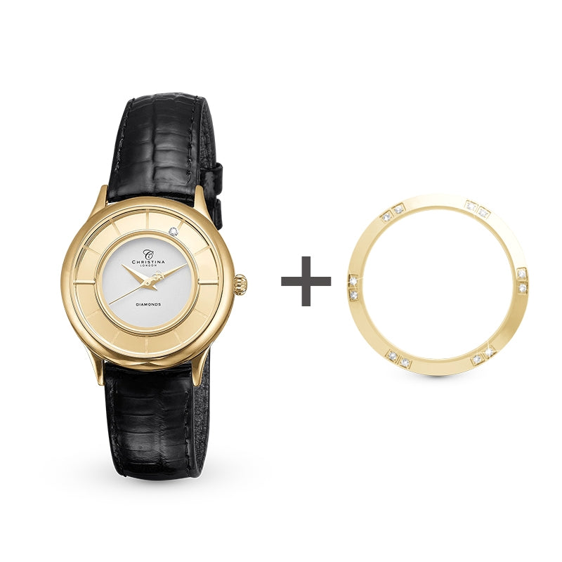 Christina Watches gulddublé ur med laklæderrem og topring med safirer fra Christina Jewelry & Watches.