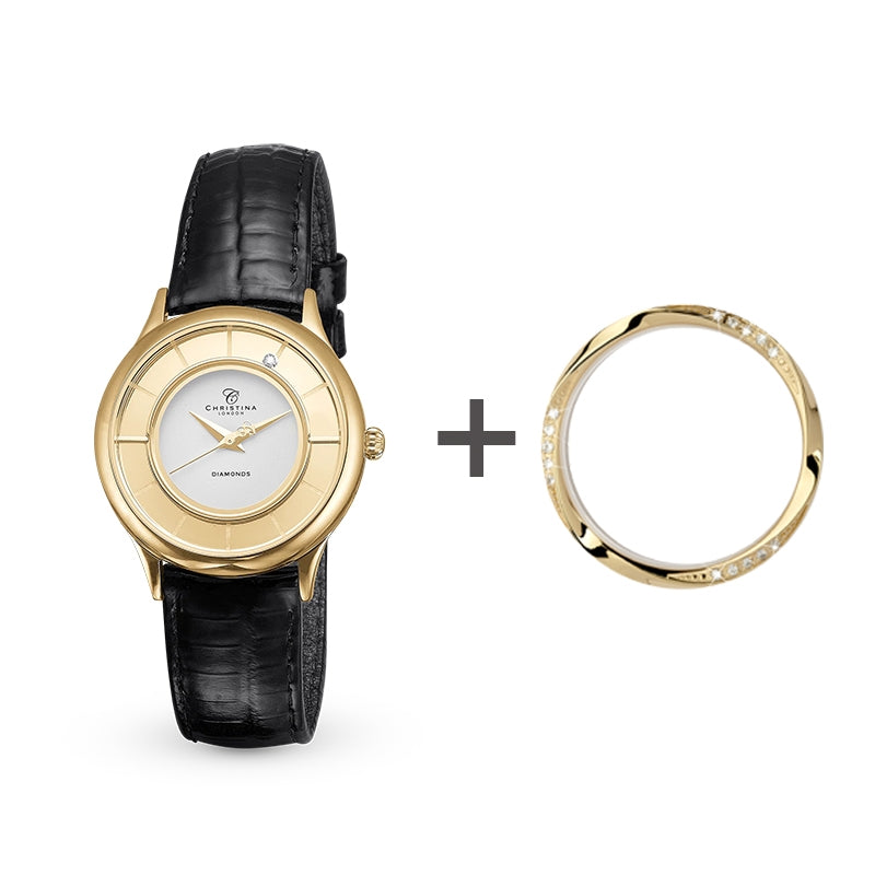 Christina Watches kampagneur i gulddublé med laklæderrem og topring med 15 safirer fra Christina Jewelry & Watches.