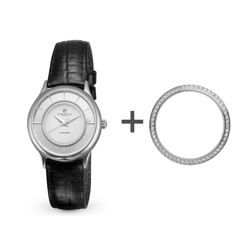 Christina Watches kampagneur fra Christina Jewelry & Watches i rustfrit stål med laklæderrem, topring med 54 hvide safirer og diamant.