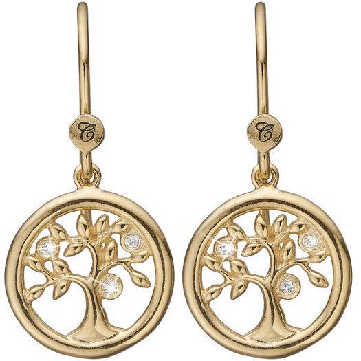 Tree of life ørehængere i forgyldt sølv med seks zirkonia fra Christina Jewelry & Watches.