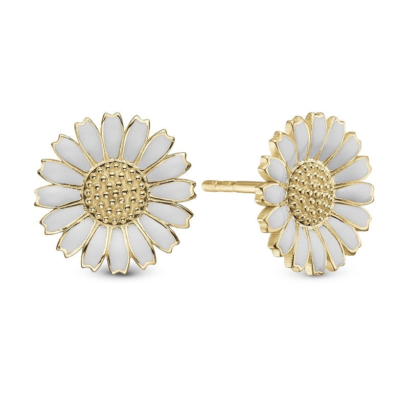 Marguerite øreringe i 18 karat forgyldt sølv med hvid emalje og zirkonia 12 mm fra Christina Jewelry & Watches.