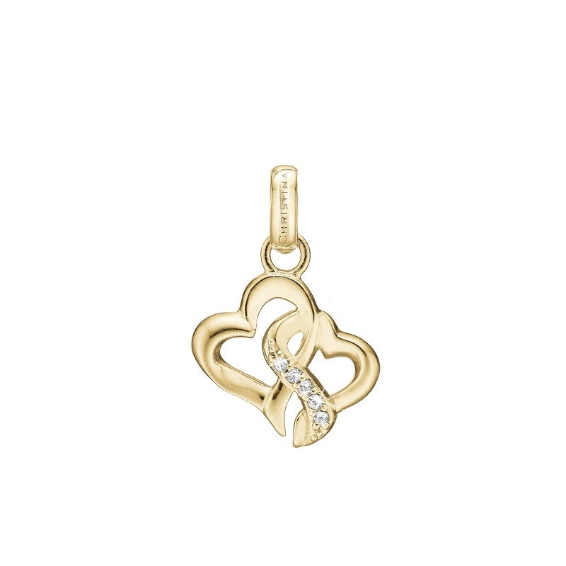 Beloved vedhæng i forgyldt sølv med sammenflettede hjerter og klare sten fra Christina Jewelry & Watches.