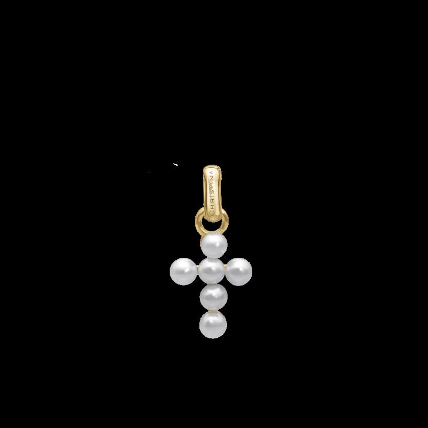 Christina Collect pearl cross vedhæng fra Christina Jewelry & Watches i forgyldt sterlingsølv med hvide perler i klassisk korsdesign.