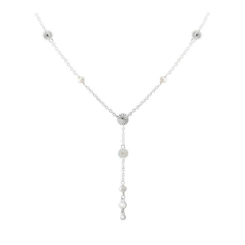 Line halskæde i 925 sterlingsølv fra Aqua Dulce med Y-formet design og perle- og mønsterdetaljer.