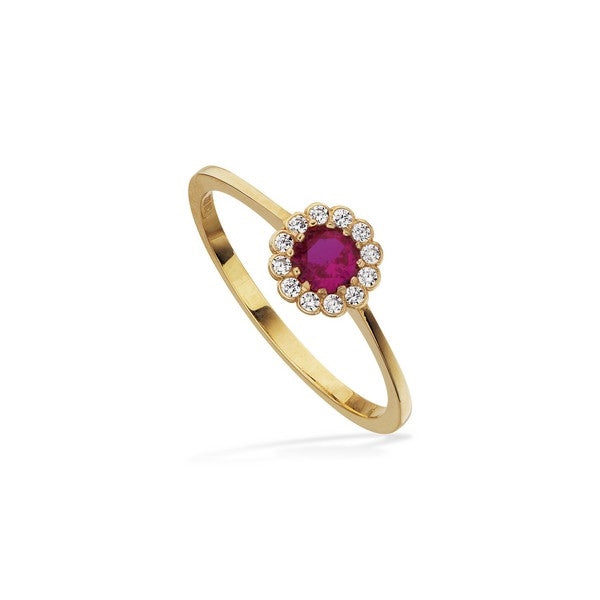 Scrouples ring i 8 karat guld med pink zirkon og hvide zirkonia i rosetteform.