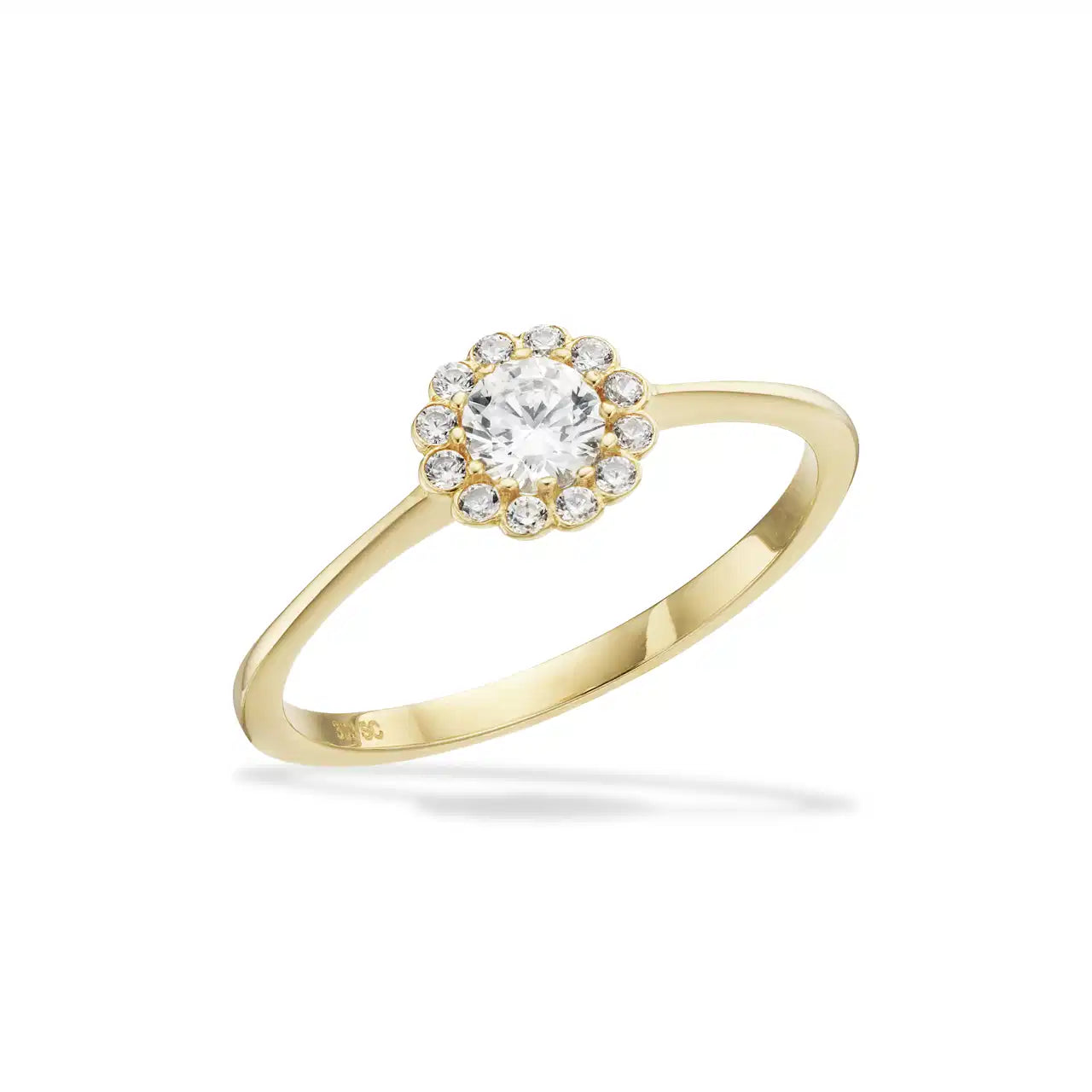 Scrouples rosetring i 8 karat guld med zirkonia i rosetmønster.