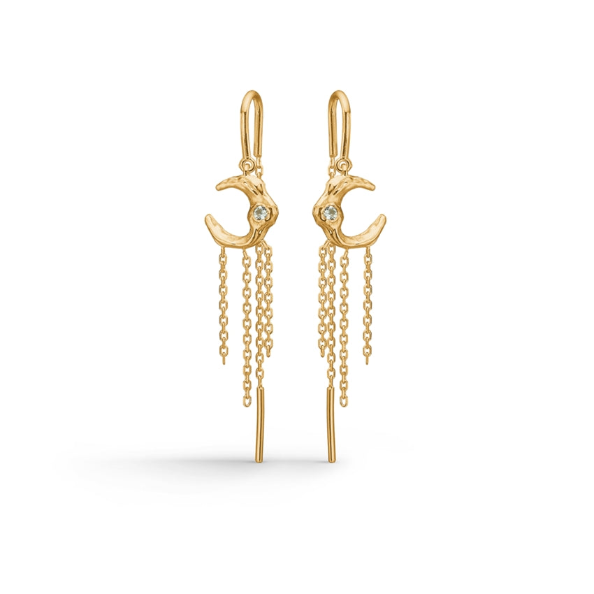 Lunar ørehængere fra Studio Z i 18 karat forgyldt sølv med grøn zirkonia og kæder, 30 mm.