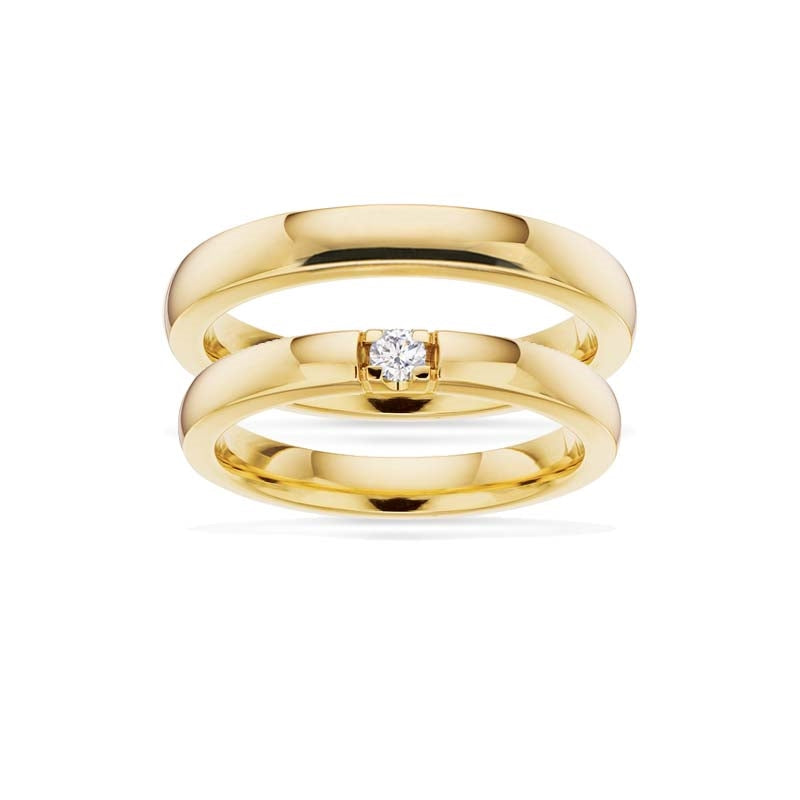 Scrouples Grace vielsesringe i 14 karat guld, 3,25 mm med 0,07 ct diamant – blank overflade.