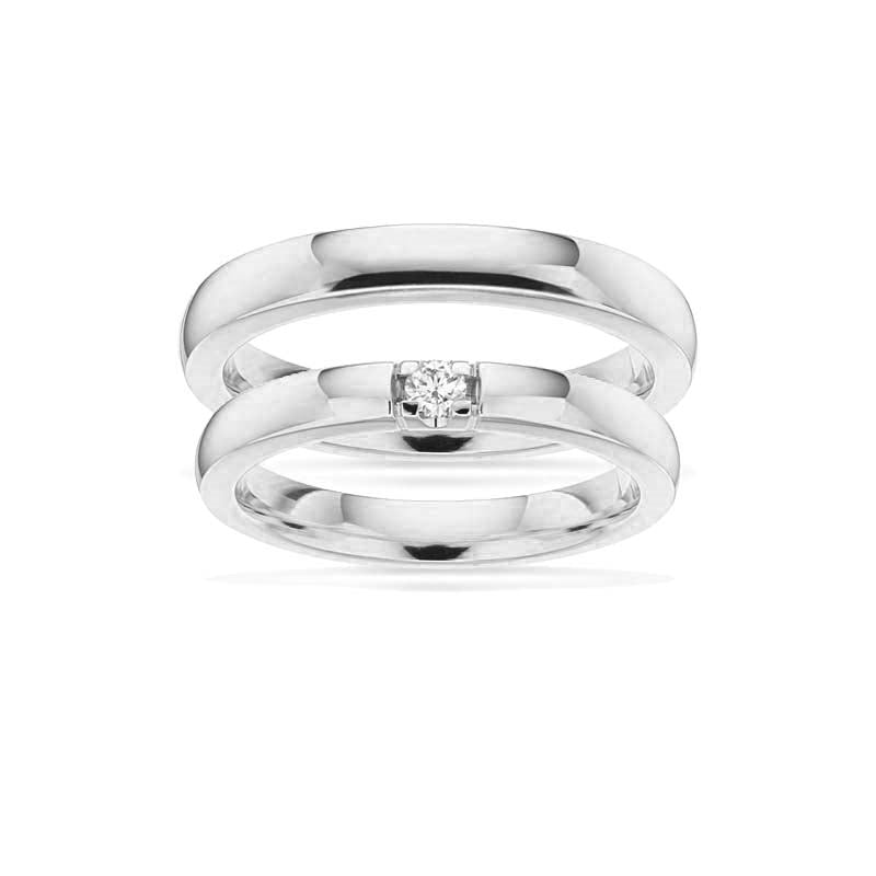 Grace vielsesringe fra Scrouples i 14 kt hvidguld med 0,07 ct diamant i blank overflade, 3,25 mm brede.