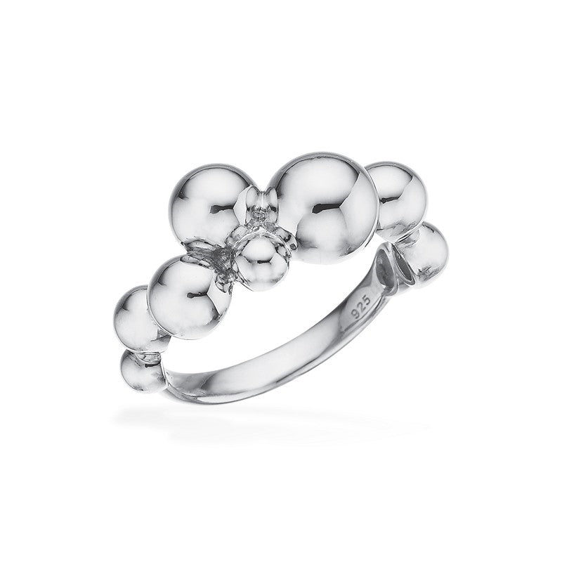 Scrouples sølvring med kugler i rhodineret sterlingsølv – moderne ring med 8 sølvkugler i forskellige størrelser.