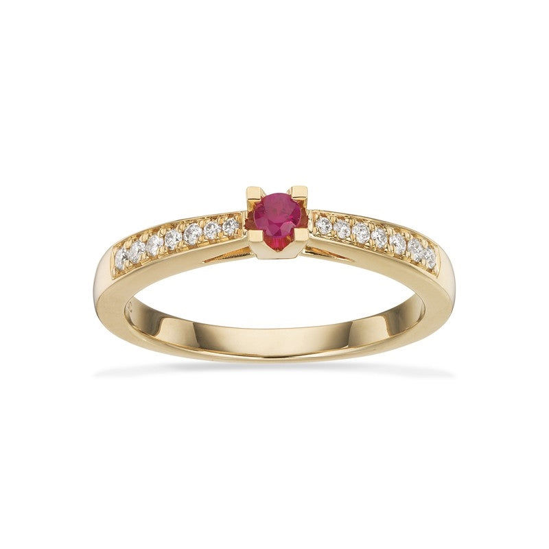 Kleopatra Queen ring i 14 karat guld med solitær rubin og 0,12 ct diamanter fra Kleopatra.