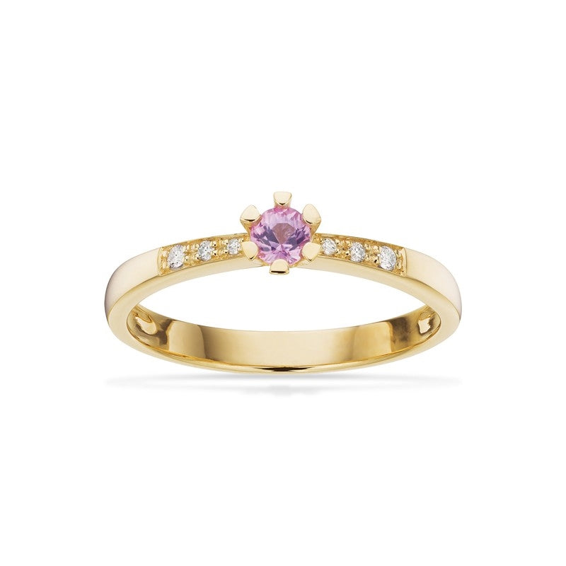 Vida Darling ring fra Scrouples i 14 kt guld med rund pink safir og seks små diamanter.